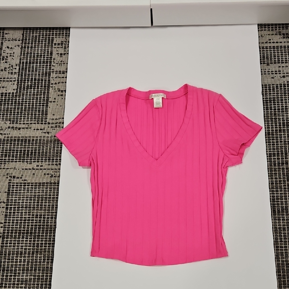 Y2K Bozzolo Hot Pink Ribbed V-Neck Crop Top